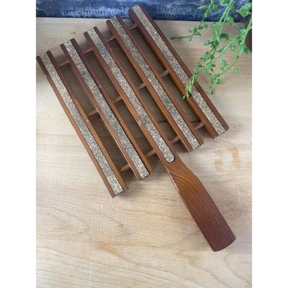 Vintage Sweden Wood and Cork Trivet With Handle Rustic Kitchen Decor - Picture 2 of 5